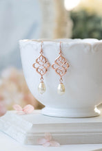 Load image into Gallery viewer, Rose Gold Celtic Knot Earrings Pink Rose Eternity Filigree Swarovski Teardrop Pearl Dangle Earrings Pink Rose Pink Gold Bridal Earring
