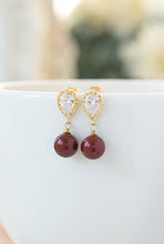 Load image into Gallery viewer, Gold Burgundy Marsala Dangle Earrings Swarovski Maroon Dark Red Pearl Clear Crystal Cubic Zirconia CZ Post Earrings Wedding Bridal Earrings
