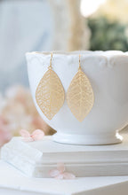 Load image into Gallery viewer, Gold Leaf Earrings Gold Filigree Leaf Dangle Earrings Woodland Jewelry Bohemian Earrings Boho Chic Modern Everyday Earrings Gift for her
