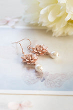 Load image into Gallery viewer, Rose Gold Earrings Pink Gold Lotus Flower Cream Teardrop Pearl Dangle Earrings Yoga Jewelry Rose Gold Pink Gold Jewelry Bridal Earrings
