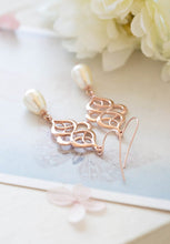 Load image into Gallery viewer, Rose Gold Celtic Knot Earrings Pink Rose Eternity Filigree Swarovski Teardrop Pearl Dangle Earrings Pink Rose Pink Gold Bridal Earring
