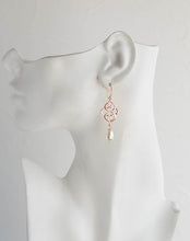 Load image into Gallery viewer, Rose Gold Celtic Knot Earrings Pink Rose Eternity Filigree Swarovski Teardrop Pearl Dangle Earrings Pink Rose Pink Gold Bridal Earring
