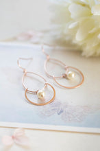 Load image into Gallery viewer, Rose Gold Hoop Dangle Earrings Pink Gold Swarovski Cream Pearl Drop Earrings Chandelier Earrings Rose Gold Jewelry Boho Chic gift for her
