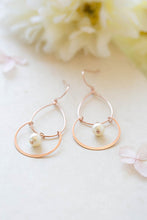 Load image into Gallery viewer, Rose Gold Hoop Dangle Earrings Pink Gold Swarovski Cream Pearl Drop Earrings Chandelier Earrings Rose Gold Jewelry Boho Chic gift for her
