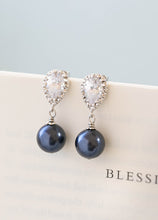 Load image into Gallery viewer, Navy BLue Wedding Bridal Pearl Earrings Silver Plated Cubic Zirconia CZ Crystal Dark BLue Pearl Post Earrings Navy Wedding Bridesmaid Gift
