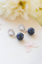 Load image into Gallery viewer, Navy BLue Wedding Bridal Pearl Earrings Silver Plated Cubic Zirconia CZ Crystal Dark BLue Pearl Post Earrings Navy Wedding Bridesmaid Gift
