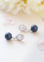 Load image into Gallery viewer, Navy BLue Wedding Bridal Pearl Earrings Silver Plated Cubic Zirconia CZ Crystal Dark BLue Pearl Post Earrings Navy Wedding Bridesmaid Gift
