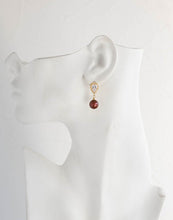 Load image into Gallery viewer, Gold Burgundy Marsala Dangle Earrings Swarovski Maroon Dark Red Pearl Clear Crystal Cubic Zirconia CZ Post Earrings Wedding Bridal Earrings
