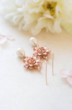 Load image into Gallery viewer, Rose Gold Earrings Pink Gold Lotus Flower Cream Teardrop Pearl Dangle Earrings Yoga Jewelry Rose Gold Pink Gold Jewelry Bridal Earrings
