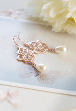 Load image into Gallery viewer, Rose Gold Celtic Knot Earrings Pink Rose Eternity Filigree Swarovski Teardrop Pearl Dangle Earrings Pink Rose Pink Gold Bridal Earring
