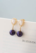 Load image into Gallery viewer, Gold and Purple Post Earrings Purple Wedding Bridal Jewelry Bridesmaid Gift Gold Plated Cubic Zirconia Purple Pearl Dangle Earrings
