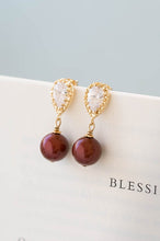 Load image into Gallery viewer, Gold Burgundy Marsala Dangle Earrings Swarovski Maroon Dark Red Pearl Clear Crystal Cubic Zirconia CZ Post Earrings Wedding Bridal Earrings
