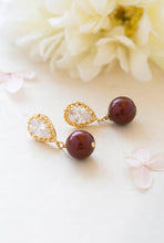 Load image into Gallery viewer, Gold Burgundy Marsala Dangle Earrings Swarovski Maroon Dark Red Pearl Clear Crystal Cubic Zirconia CZ Post Earrings Wedding Bridal Earrings
