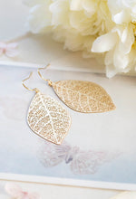 Load image into Gallery viewer, Gold Leaf Earrings Gold Filigree Leaf Dangle Earrings Woodland Jewelry Bohemian Earrings Boho Chic Modern Everyday Earrings Gift for her
