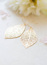 Load image into Gallery viewer, Gold Leaf Earrings Gold Filigree Leaf Dangle Earrings Woodland Jewelry Bohemian Earrings Boho Chic Modern Everyday Earrings Gift for her
