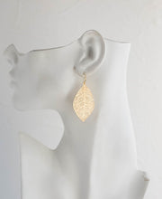 Load image into Gallery viewer, Gold Leaf Earrings Gold Filigree Leaf Dangle Earrings Woodland Jewelry Bohemian Earrings Boho Chic Modern Everyday Earrings Gift for her
