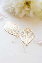 Load image into Gallery viewer, Gold Leaf Earrings Gold Filigree Leaf Dangle Earrings Woodland Jewelry Bohemian Earrings Boho Chic Modern Everyday Earrings Gift for her
