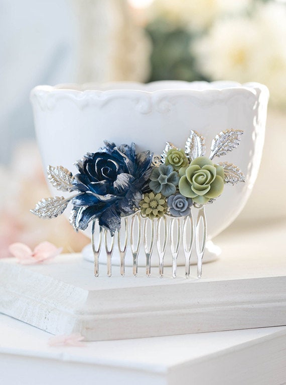 Navy Blue Gray Olive Sage Green Wedding Hair Comb Silver Bridal Hair Comb Vintage Style Romantic Country Rose Flower Leaf Collage Hair Comb