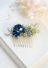 画像をギャラリービューアに読み込む, Navy Blue Gray Olive Sage Green Wedding Hair Comb Silver Bridal Hair Comb Vintage Style Romantic Country Rose Flower Leaf Collage Hair Comb
