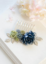 画像をギャラリービューアに読み込む, Navy Blue Gray Olive Sage Green Wedding Hair Comb Silver Bridal Hair Comb Vintage Style Romantic Country Rose Flower Leaf Collage Hair Comb
