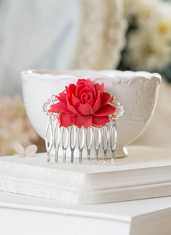 Red Rose Flower Bridal Hair Comb, Red Wedding Silver Filigree Hair Comb, Silver Bridal Hair Comb, Vintage Style Bridal Party Bridesmaid Gift