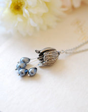 Load image into Gallery viewer, Tulip Necklace, Grey Gray Teardrop Pearls Silver Tulip Pendant Necklace, Tulip Jewelry, Vintage Style Flower Necklace, Gift for Mom Wife
