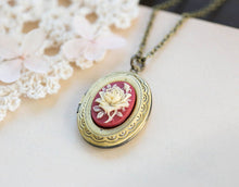 Load image into Gallery viewer, Locket Necklace, Rose Cameo Locket Necklace, Red and Ivory Floral Cameo, Antique Brass Oval Locket Necklace, Gift for Her, Valentines gift
