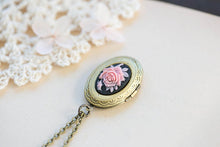 Load image into Gallery viewer, Locket Necklace, Pink and Black Cameo Necklace, Pink Rose Flower Black Cameo Pendant Necklace, Antique Gold Brass Oval Photo Locket Necklace
