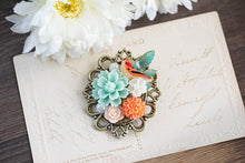 Load image into Gallery viewer, Floral Brooch,  Flowers Leaf and Bird Brooch in Blue Coral Pink Ivory, Large Collage Brooch, Gift for Her Wife Sister Mom, Christmas Gift
