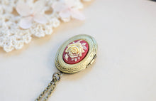 Load image into Gallery viewer, Locket Necklace, Rose Cameo Locket Necklace, Red and Ivory Floral Cameo, Antique Brass Oval Locket Necklace, Gift for Her, Valentines gift
