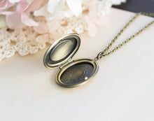 Load image into Gallery viewer, Locket Necklace, Pink and Black Cameo Necklace, Pink Rose Flower Black Cameo Pendant Necklace, Antique Gold Brass Oval Photo Locket Necklace
