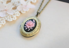 Load image into Gallery viewer, Locket Necklace, Pink and Black Cameo Necklace, Pink Rose Flower Black Cameo Pendant Necklace, Antique Gold Brass Oval Photo Locket Necklace
