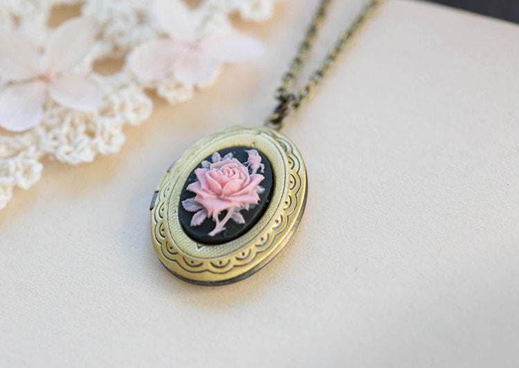 Locket Necklace, Pink and Black Cameo Necklace, Pink Rose Flower Black Cameo Pendant Necklace, Antique Gold Brass Oval Photo Locket Necklace