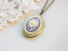 Load image into Gallery viewer, Cameo Locket Necklace, Ivory Purple Rose Flower Cameo Pendant Necklace, Antiqued Gold Brass Oval Locket Necklace, Photo Locket, Gift for Her
