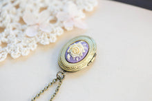 Load image into Gallery viewer, Cameo Locket Necklace, Ivory Purple Rose Flower Cameo Pendant Necklace, Antiqued Gold Brass Oval Locket Necklace, Photo Locket, Gift for Her
