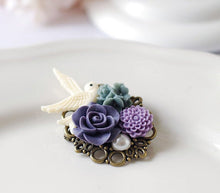 Load image into Gallery viewer, Bird Brooch, Ivory Bird Purple Dusky Blue Flower Collage Brooch, Bridal Sash Brooch, Wedding Bouquet Accessory, Gift for Her, gift for mom
