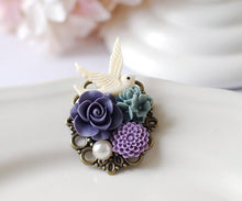 Load image into Gallery viewer, Bird Brooch, Ivory Bird Purple Dusky Blue Flower Collage Brooch, Bridal Sash Brooch, Wedding Bouquet Accessory, Gift for Her, gift for mom
