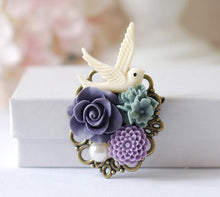 Load image into Gallery viewer, Bird Brooch, Ivory Bird Purple Dusky Blue Flower Collage Brooch, Bridal Sash Brooch, Wedding Bouquet Accessory, Gift for Her, gift for mom
