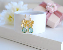 Load image into Gallery viewer, Seafoam Green Earrings, Gold Orchid Flower Aqua Blue Glass Dangle Earrings, Aqua Wedding Bridesmaid Earrings, Valentine&#39;s Day Gift for Her
