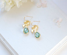 Load image into Gallery viewer, Seafoam Green Earrings, Gold Orchid Flower Aqua Blue Glass Dangle Earrings, Aqua Wedding Bridesmaid Earrings, Valentine&#39;s Day Gift for Her
