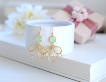 Load image into Gallery viewer, Mint and Gold Earrings, Mint Green Glass Stone Gold Filigree Dangle Earrings, Mint Wedding Jewelry, Bridesmaid Earrings, Maid of Honor Gift
