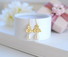 Load image into Gallery viewer, Gold Lilac Flower Swarovski Cream White Teardrop Pearl Dangle Earrings, Gold Earrings, Bridal Earrings, Wedding Jewelry, Bridesmaid Earrings
