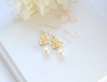 Load image into Gallery viewer, Gold Lilac Flower Swarovski Cream White Teardrop Pearl Dangle Earrings, Gold Earrings, Bridal Earrings, Wedding Jewelry, Bridesmaid Earrings
