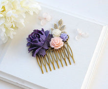 画像をギャラリービューアに読み込む, Purple and Pink Wedding Hair Accessory, Bridal Hair Comb, Bridesmaid Gift, Purple Peony Blush Pink Ivory Lavender Rose Leaf Collage Comb
