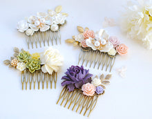 Load image into Gallery viewer, Blush Pink White Ivory Rose Hair Comb, Rustic Vintage Wedding Hair Accessory, Bridal Hair Comb, Mother of Pearl Gold Brass Leaf Crystal Comb
