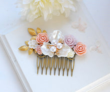 Load image into Gallery viewer, Blush Pink White Ivory Rose Hair Comb, Rustic Vintage Wedding Hair Accessory, Bridal Hair Comb, Mother of Pearl Gold Brass Leaf Crystal Comb
