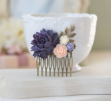 画像をギャラリービューアに読み込む, Purple and Pink Wedding Hair Accessory, Bridal Hair Comb, Bridesmaid Gift, Purple Peony Blush Pink Ivory Lavender Rose Leaf Collage Comb
