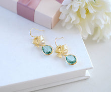 Load image into Gallery viewer, Seafoam Green Earrings, Gold Orchid Flower Aqua Blue Glass Dangle Earrings, Aqua Wedding Bridesmaid Earrings, Valentine&#39;s Day Gift for Her
