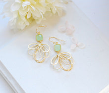 Load image into Gallery viewer, Mint and Gold Earrings, Mint Green Glass Stone Gold Filigree Dangle Earrings, Mint Wedding Jewelry, Bridesmaid Earrings, Maid of Honor Gift
