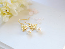 Load image into Gallery viewer, Gold Lilac Flower Swarovski Cream White Teardrop Pearl Dangle Earrings, Gold Earrings, Bridal Earrings, Wedding Jewelry, Bridesmaid Earrings
